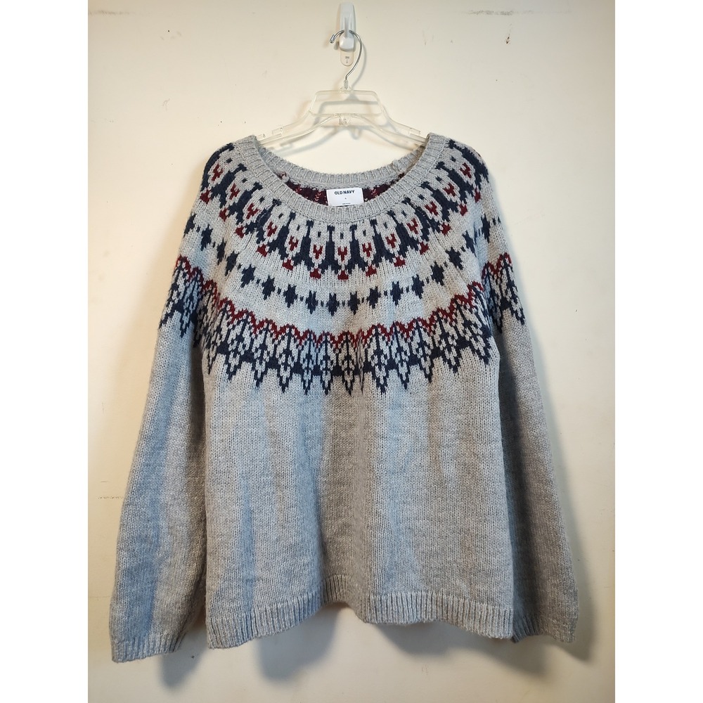 Old Navy Womens XL Gray Fair Isle Knit Yoke Pullover Sweater Crew Neck 3695